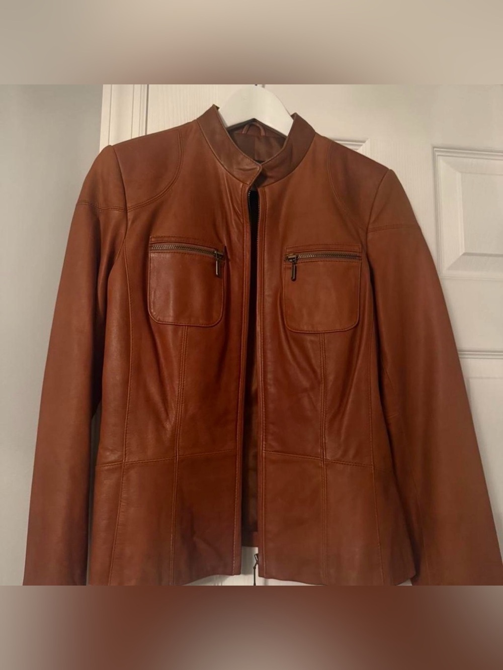Alfani Women's Brown Leather Zip-Up Jacket
